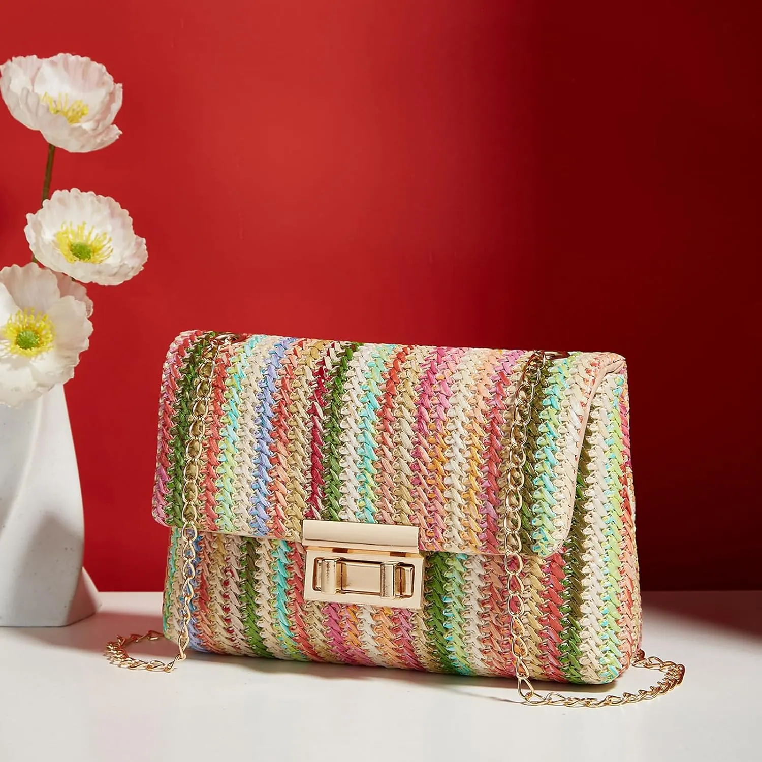 Natural Straw Flat Clutch Women 2024 Boho Purse Top Handle Crossbody Handbag Stylish Woven Envelope Wallet Evening