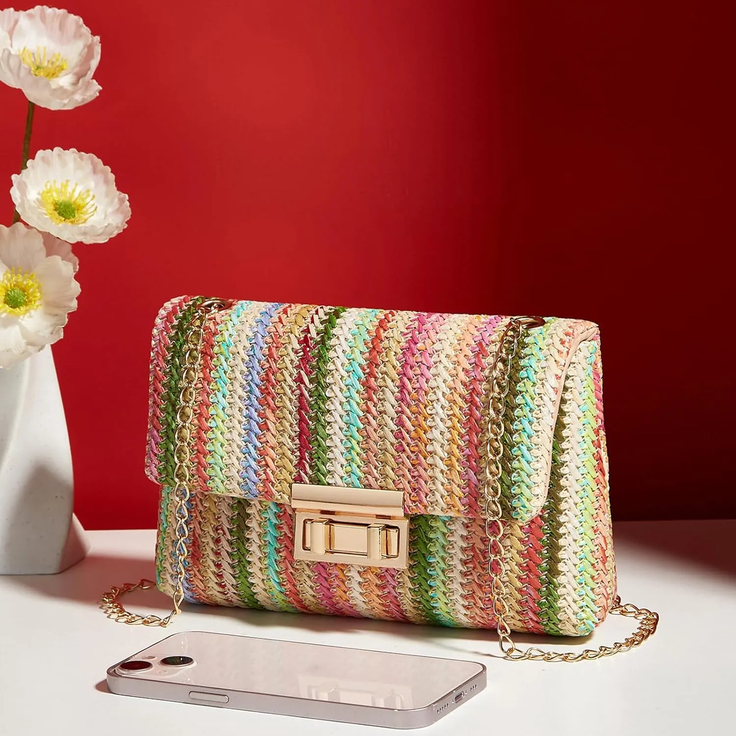 Natural Straw Flat Clutch Women 2024 Boho Purse Top Handle Crossbody Handbag Stylish Woven Envelope Wallet Evening