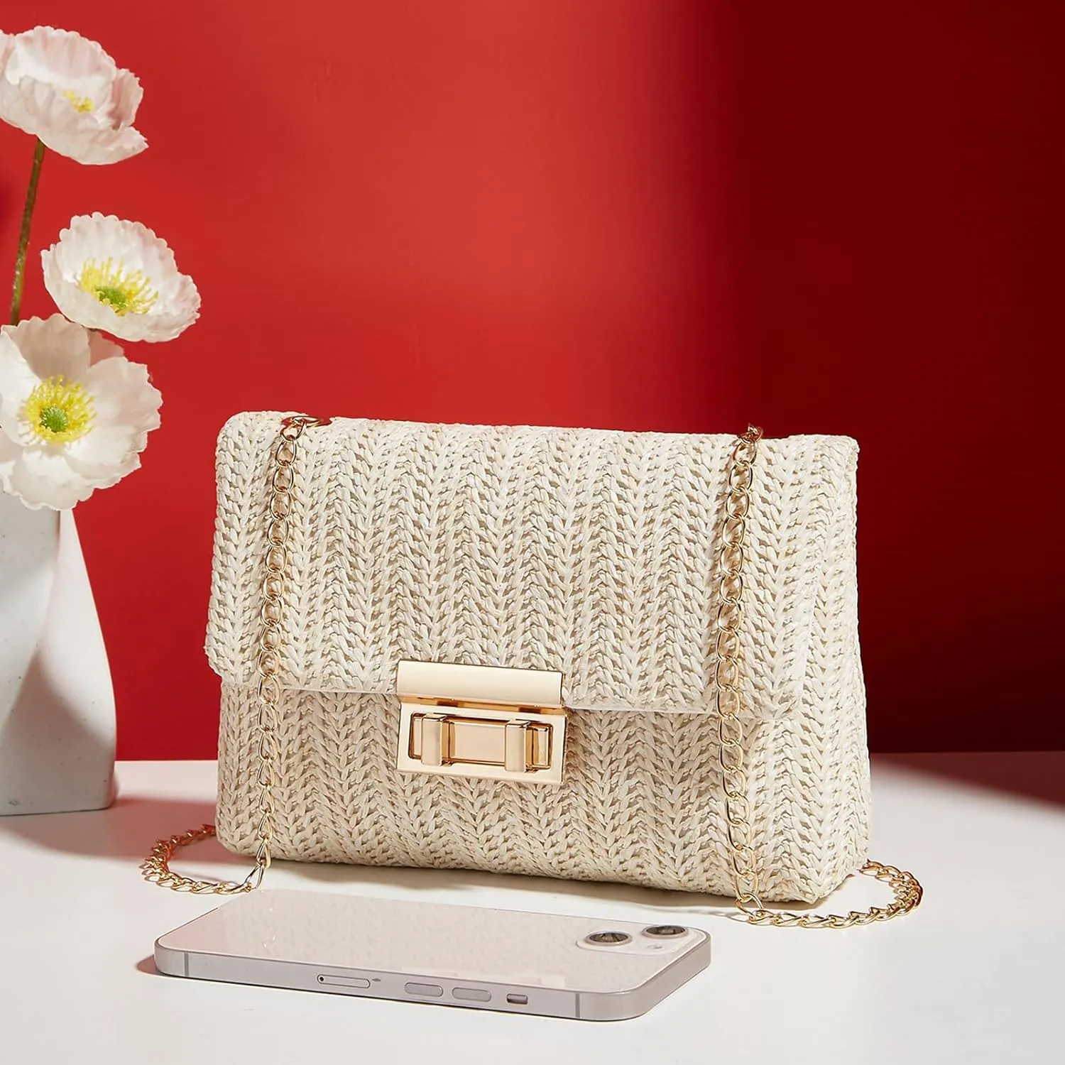 Natural Straw Flat Clutch Women 2024 Boho Purse Top Handle Crossbody Handbag Stylish Woven Envelope Wallet Evening