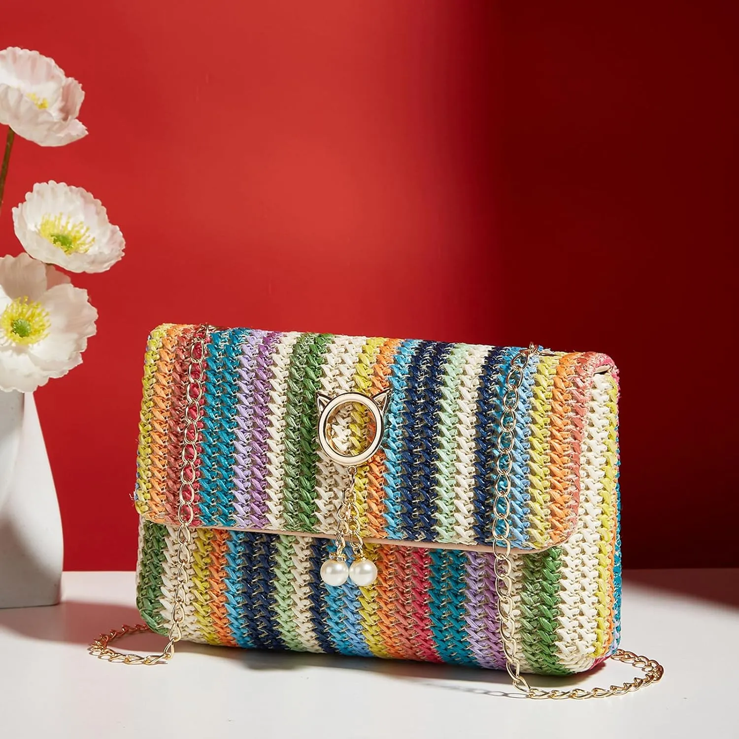 Natural Straw Flat Clutch Women 2024 Boho Purse Top Handle Crossbody Handbag Stylish Woven Envelope Wallet Evening