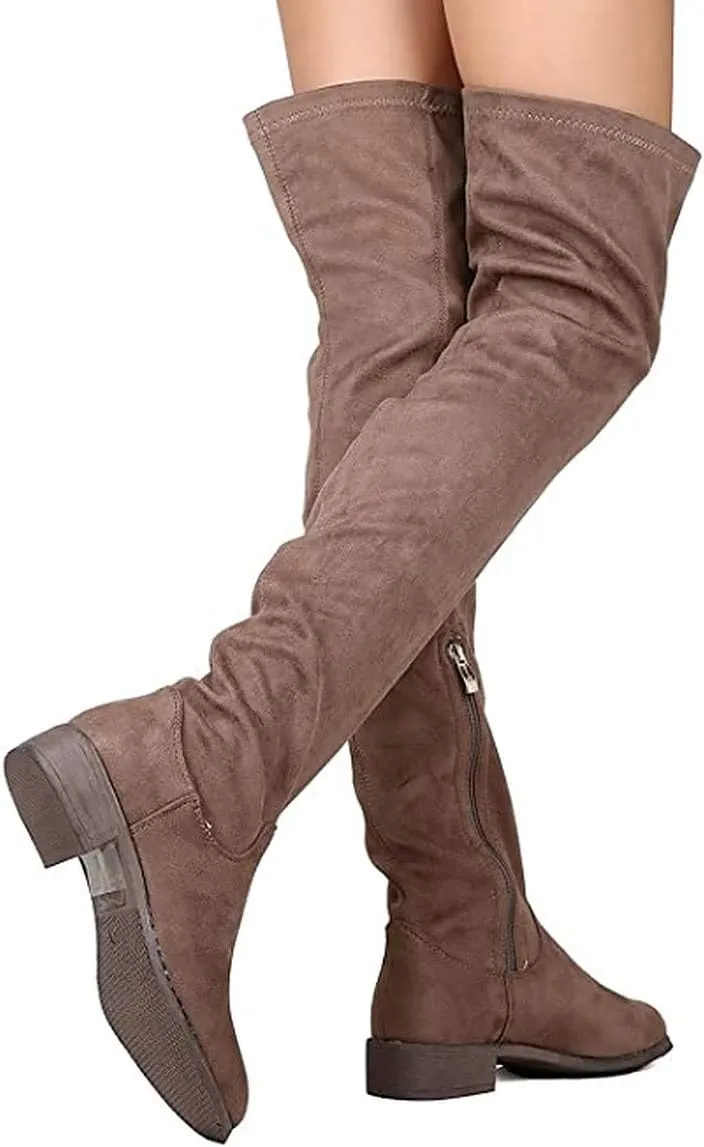 Nature Breeze Olympia 20 Womens Stretchy Thigh High Side Zipper Low Heel Combat Boots