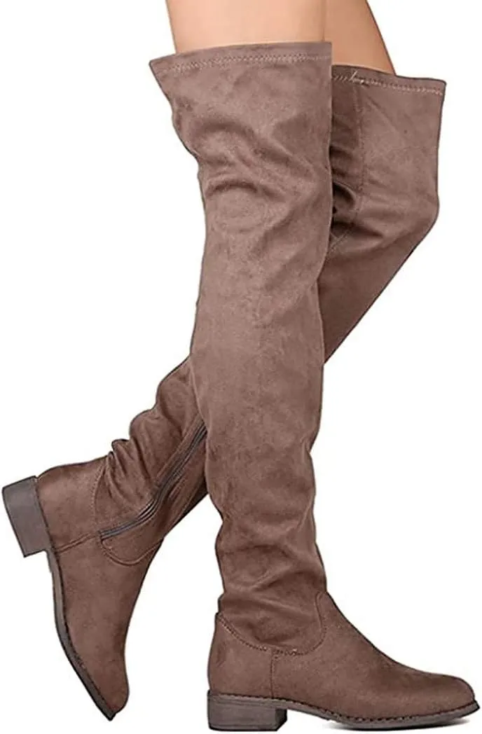 Nature Breeze Olympia 20 Womens Stretchy Thigh High Side Zipper Low Heel Combat Boots
