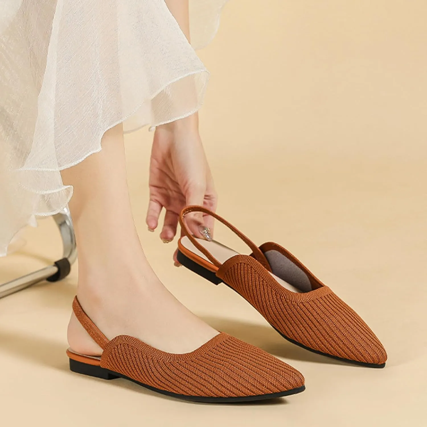 NELSBREXWomen'S Knit Closed Pointed Toe Flat Slip-On Mules Sandals Sexy Breathable Comfort Soft Sole Slingback Flat Shoes with Ankle Strap Casual Formal Work Dress Shoes