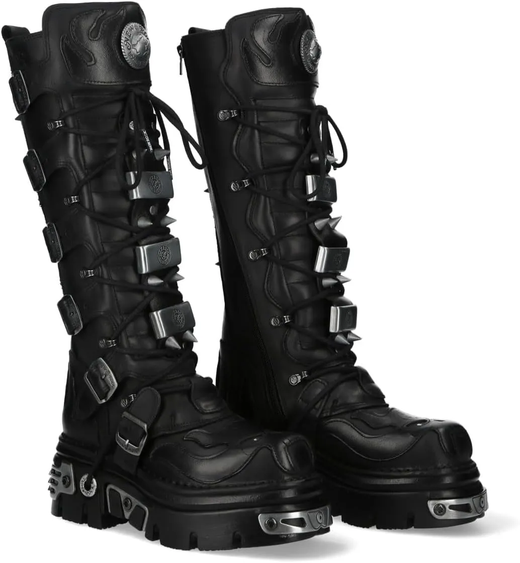 New Rock M-161-C10 Knee High Black Leather Spiked Gothic Boots