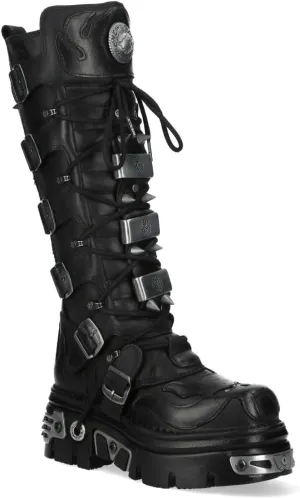 New Rock M-161-C10 Knee High Black Leather Spiked Gothic Boots