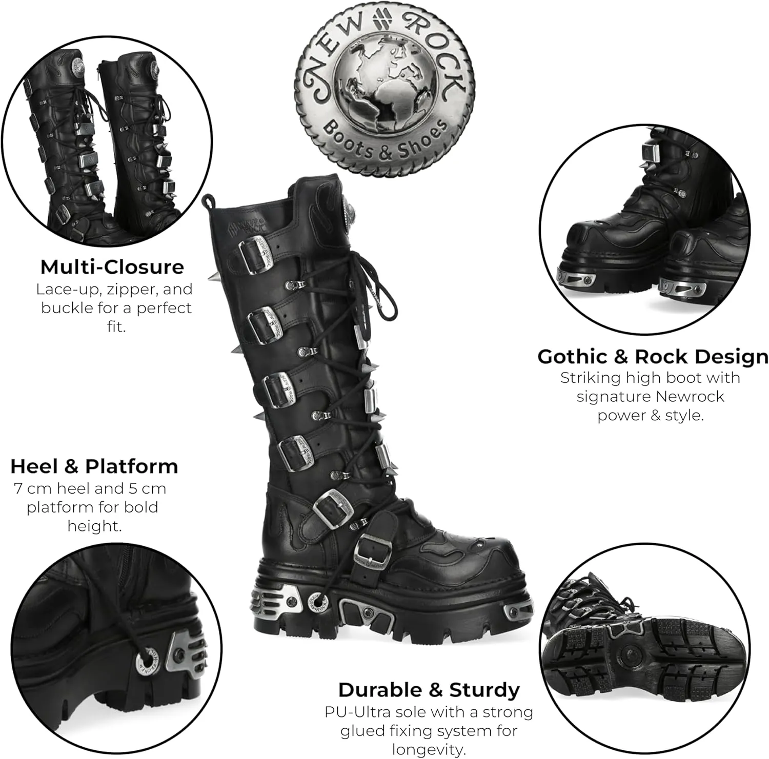 New Rock M-161-C10 Knee High Black Leather Spiked Gothic Boots