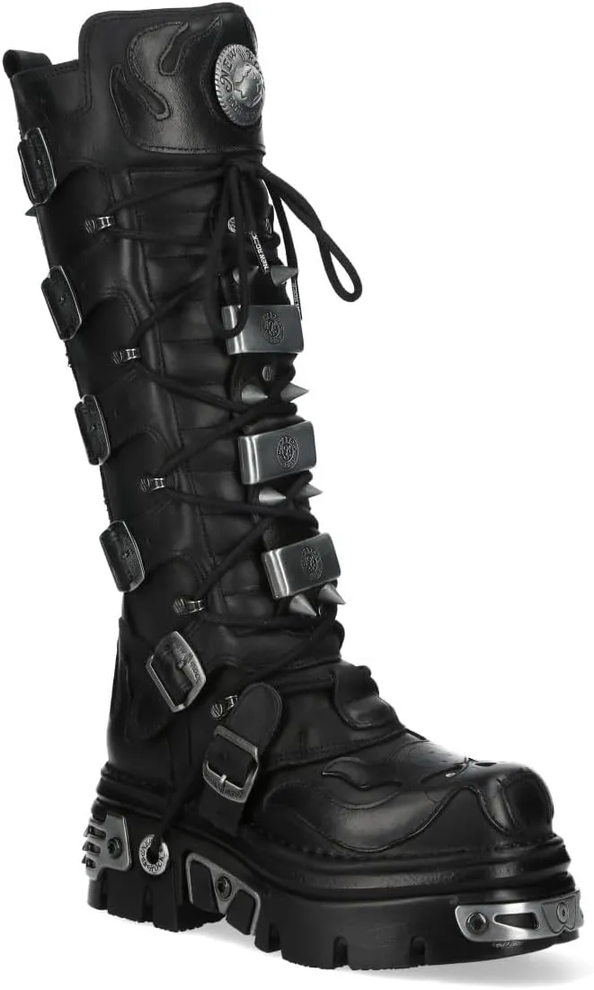 New Rock M-161-C10 Knee High Black Leather Spiked Gothic Boots