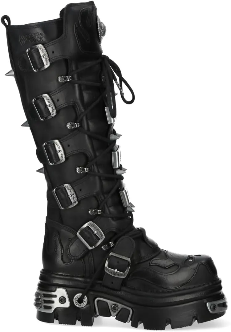 New Rock M-161-C10 Knee High Black Leather Spiked Gothic Boots