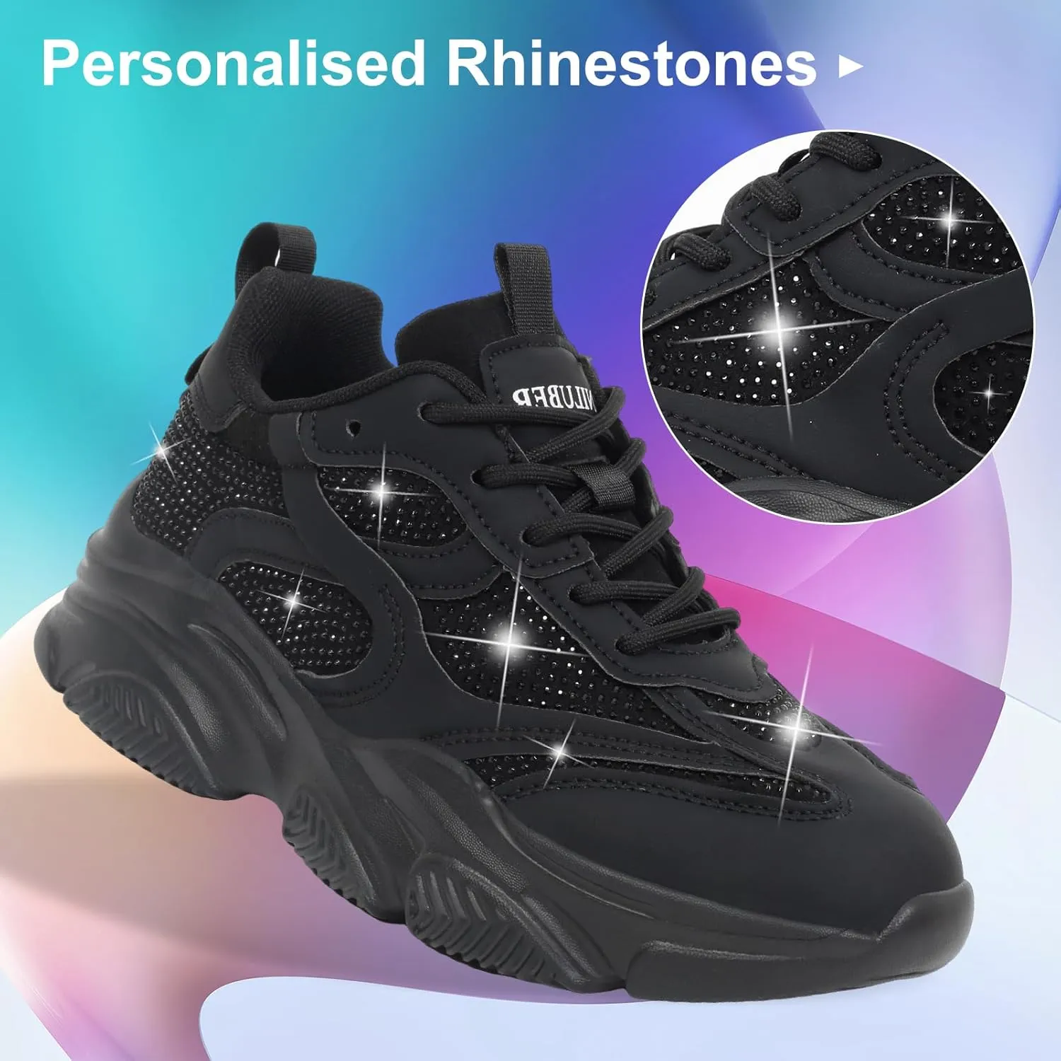 Niluber Women's Chunky Platform Sneakers-Slip On Breathable Running Shoes-Lightweight Glitter Rhinestone White Black Walking Shoes