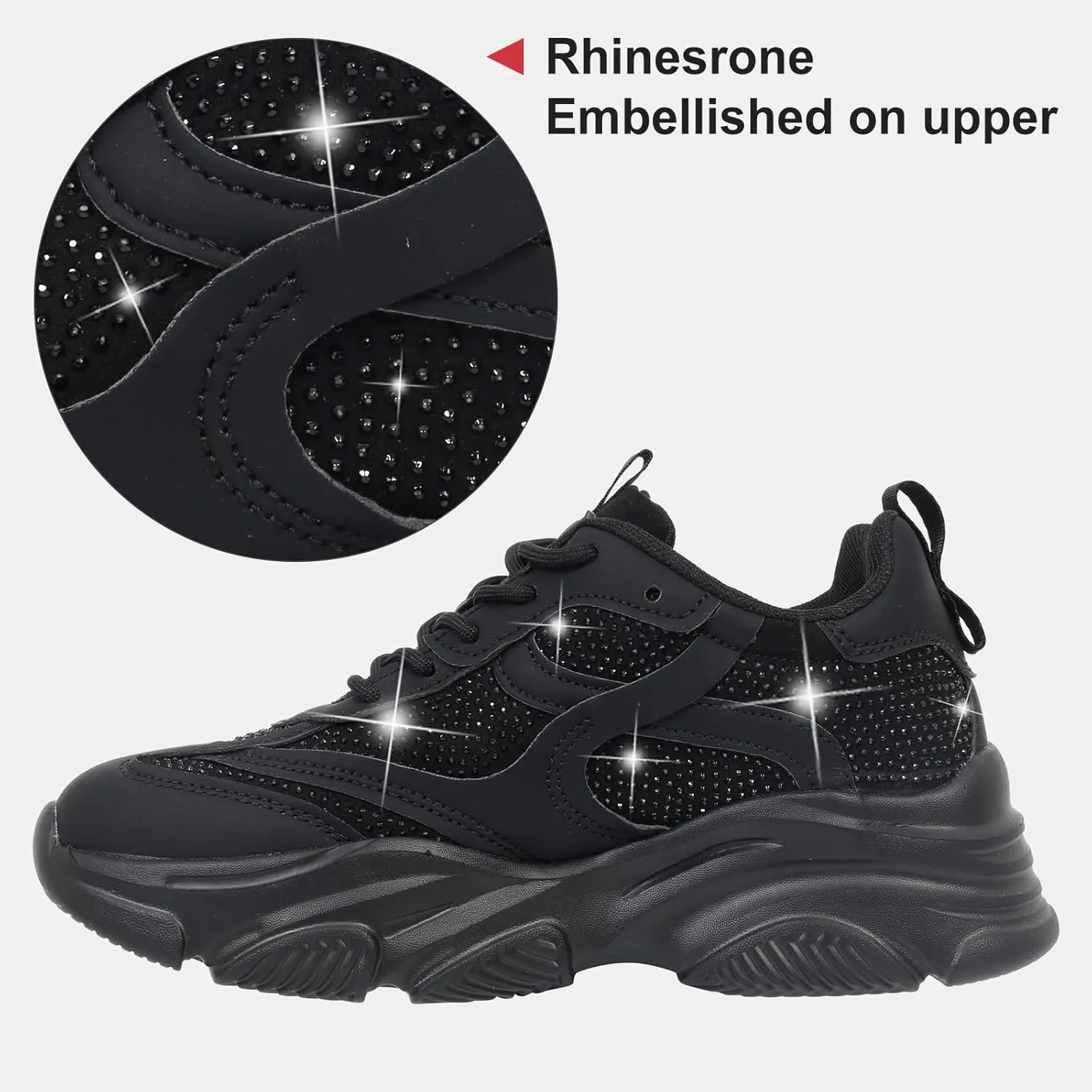 Niluber Women's Chunky Platform Sneakers-Slip On Breathable Running Shoes-Lightweight Glitter Rhinestone White Black Walking Shoes