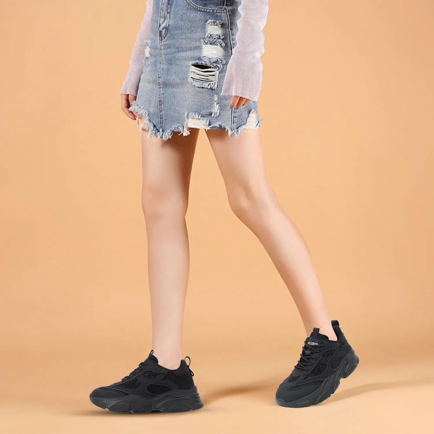 Niluber Women's Chunky Platform Sneakers-Slip On Breathable Running Shoes-Lightweight Glitter Rhinestone White Black Walking Shoes