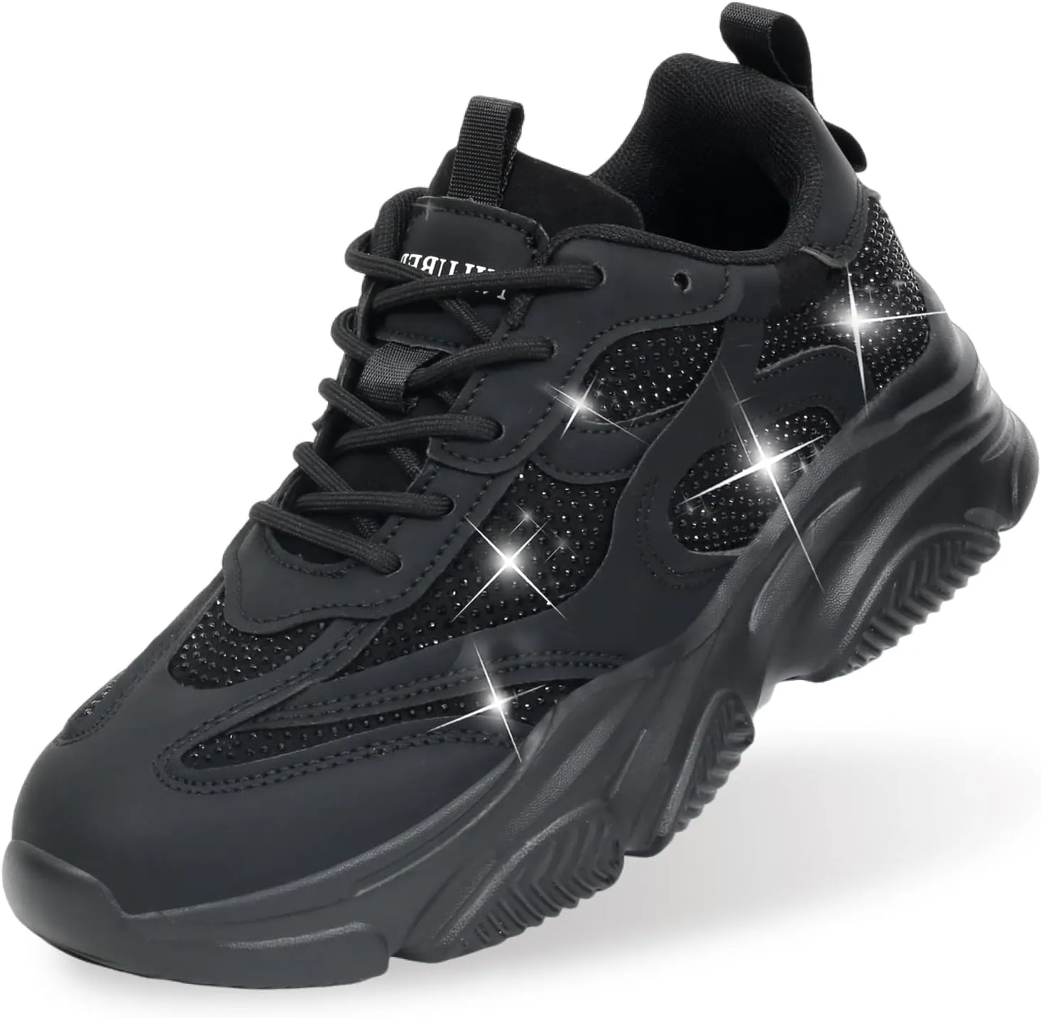 Niluber Women's Chunky Platform Sneakers-Slip On Breathable Running Shoes-Lightweight Glitter Rhinestone White Black Walking Shoes
