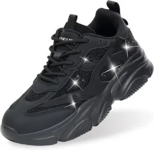 Niluber Women's Chunky Platform Sneakers-Slip On Breathable Running Shoes-Lightweight Glitter Rhinestone White Black Walking Shoes