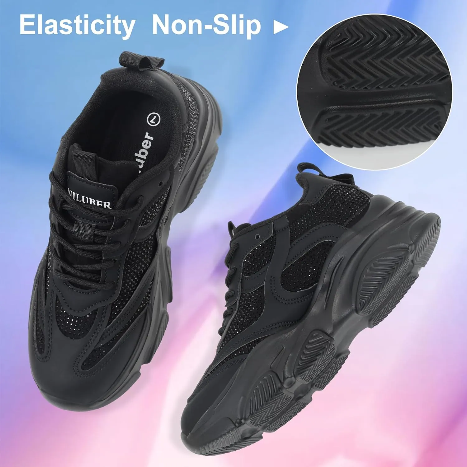 Niluber Women's Chunky Platform Sneakers-Slip On Breathable Running Shoes-Lightweight Glitter Rhinestone White Black Walking Shoes