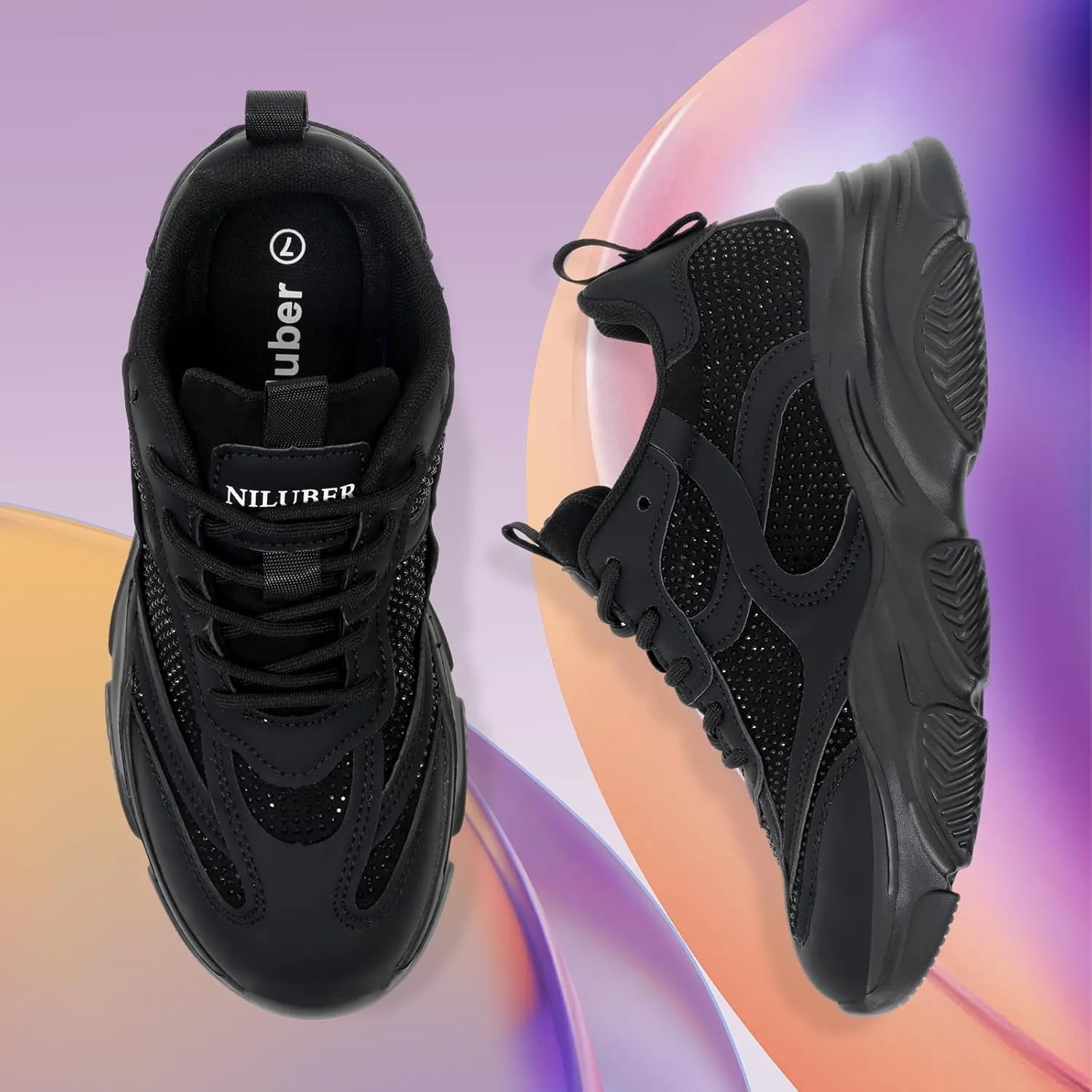 Niluber Women's Chunky Platform Sneakers-Slip On Breathable Running Shoes-Lightweight Glitter Rhinestone White Black Walking Shoes