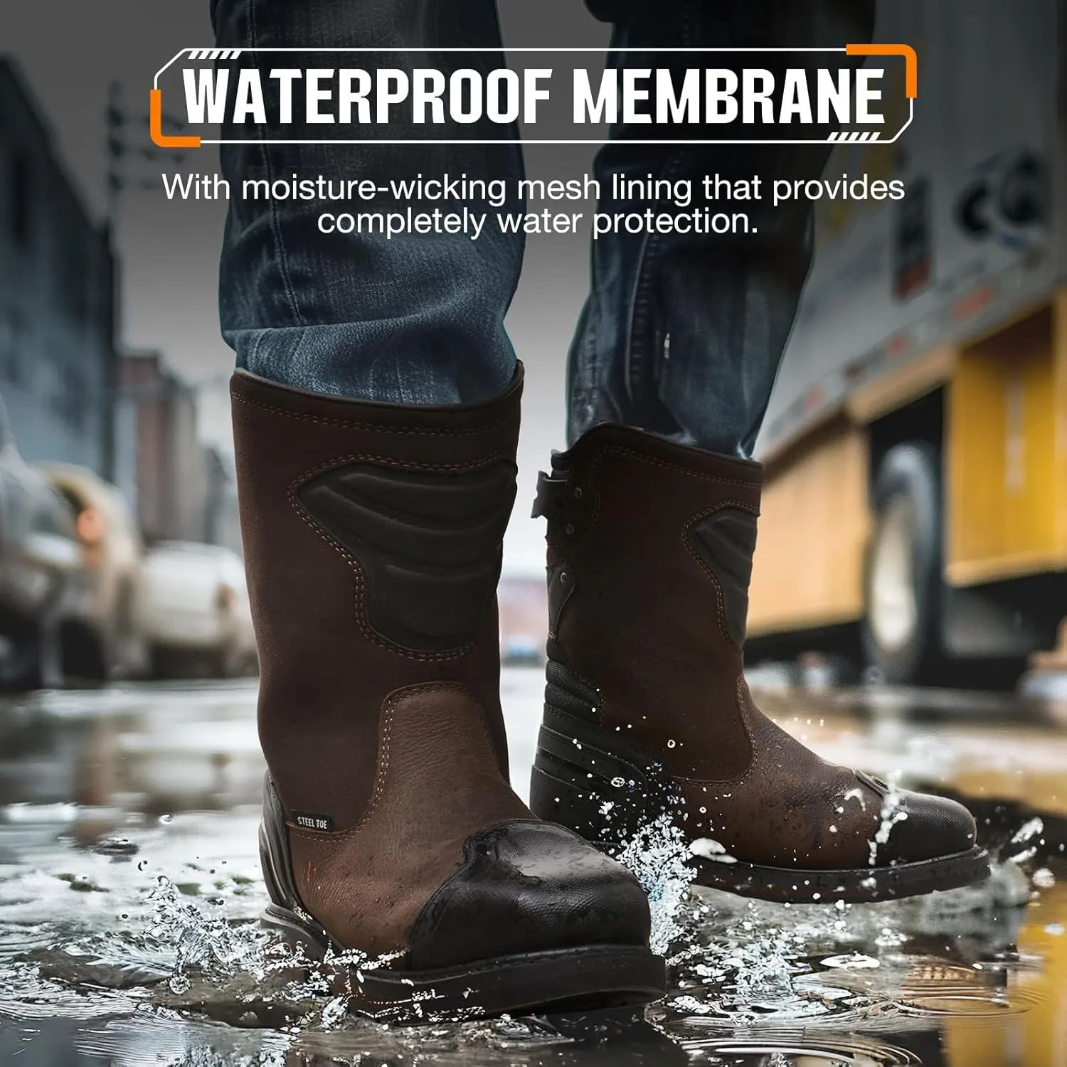 NINGO Steel Toe Work Boots for Men, Waterproof Safety Boots with All-Around Protection, Mens Square Toe Construction Boots with Slip Resistant & EH Protection, for Industrial Motorcycle