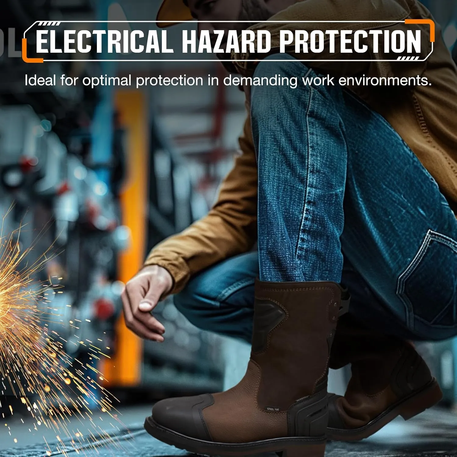 NINGO Steel Toe Work Boots for Men, Waterproof Safety Boots with All-Around Protection, Mens Square Toe Construction Boots with Slip Resistant & EH Protection, for Industrial Motorcycle