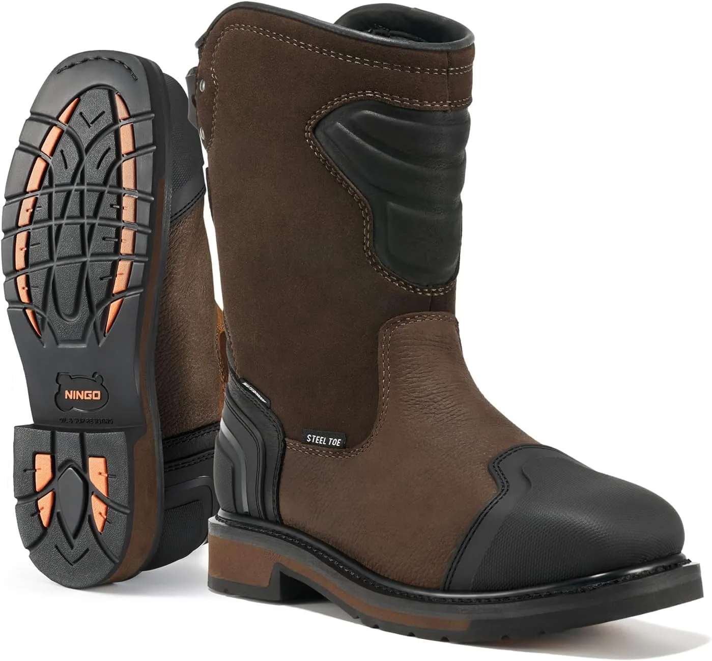 NINGO Steel Toe Work Boots for Men, Waterproof Safety Boots with All-Around Protection, Mens Square Toe Construction Boots with Slip Resistant & EH Protection, for Industrial Motorcycle