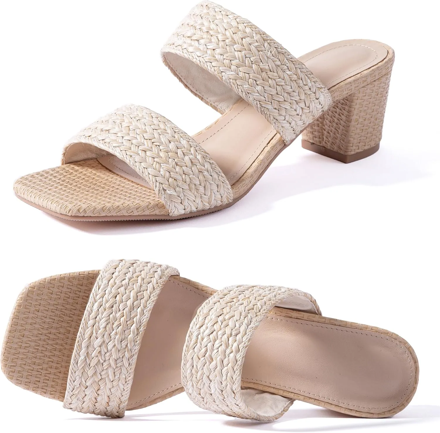 N.N.G Women Heels Sandals Braided Block Nude Summer Chunky Square Leather Woven Comfort Strappy Dress Casual Pumps Mules