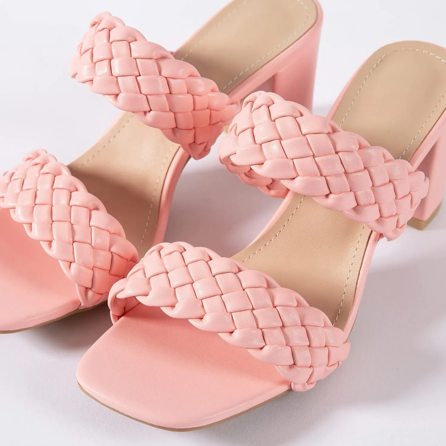 N.N.G Women Heels Sandals Braided Block Nude Summer Chunky Square Leather Woven Comfort Strappy Dress Casual Pumps Mules