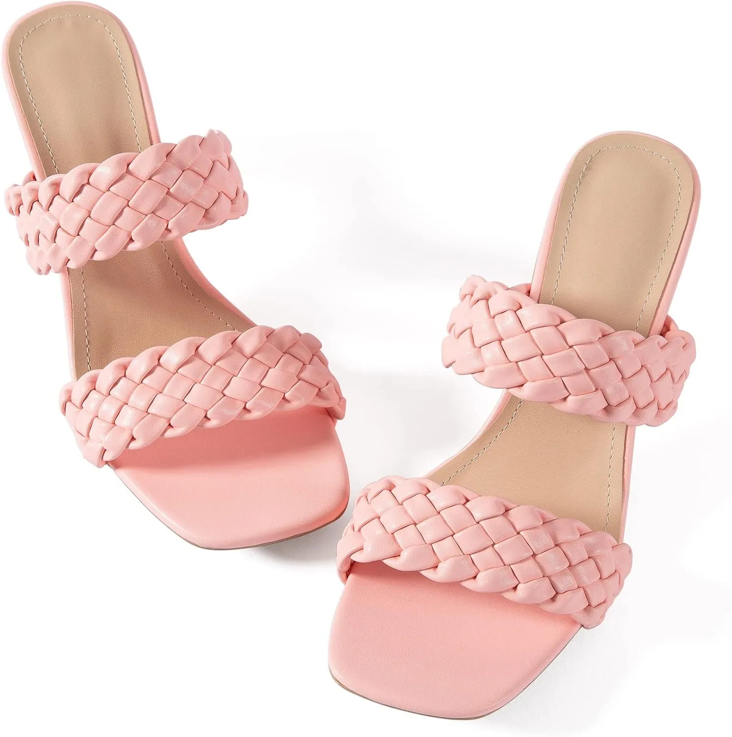 N.N.G Women Heels Sandals Braided Block Nude Summer Chunky Square Leather Woven Comfort Strappy Dress Casual Pumps Mules