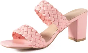 N.N.G Women Heels Sandals Braided Block Nude Summer Chunky Square Leather Woven Comfort Strappy Dress Casual Pumps Mules