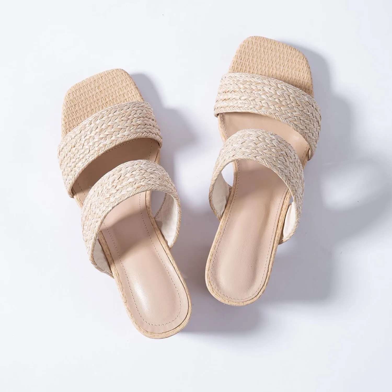 N.N.G Women Heels Sandals Braided Block Nude Summer Chunky Square Leather Woven Comfort Strappy Dress Casual Pumps Mules