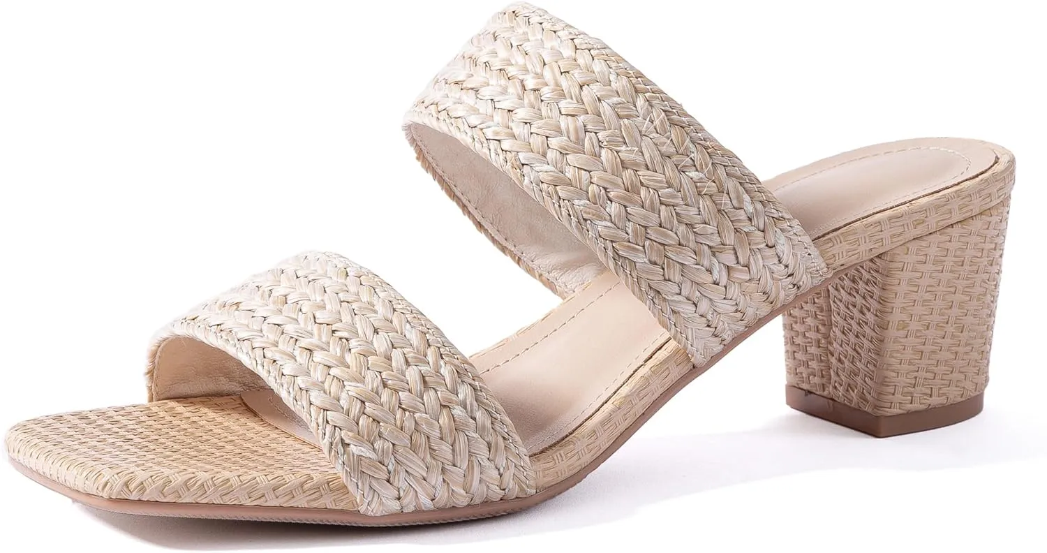 N.N.G Women Heels Sandals Braided Block Nude Summer Chunky Square Leather Woven Comfort Strappy Dress Casual Pumps Mules