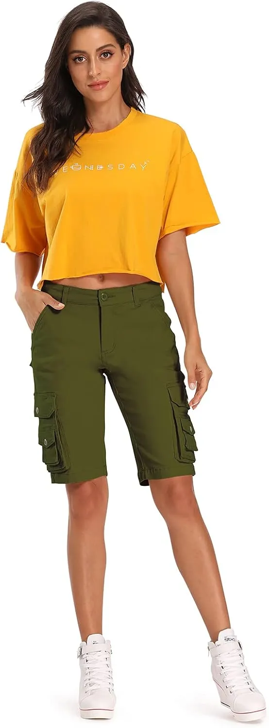 OCHENTA Women's Casual Multi-Pockets Bermuda Cargo Shorts Camo Knee Length Summer Hiking Shorts