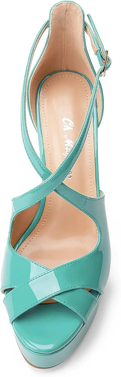 Oh Mispares Platform High Heel Sandals Peep Toe Stiletto Crisscross Strappy Buckle 5 inch Heels Dressy Heeled Sandals for Women/Girls