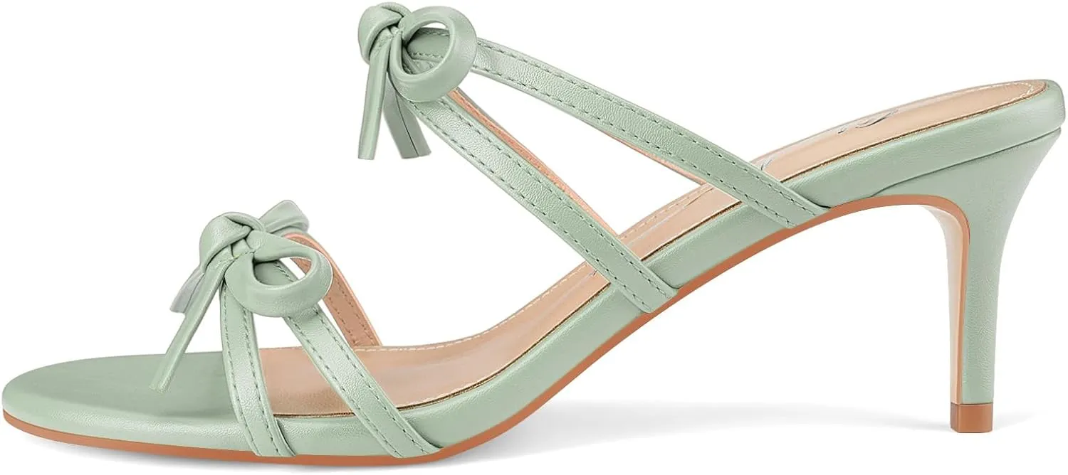 Oh Mispares Strappy Heeled Mules for Women Round Open Toe Stilettos Bows Slip on Sandals 2 Inch Elegant Heeled Slides for Wedding Party Prom