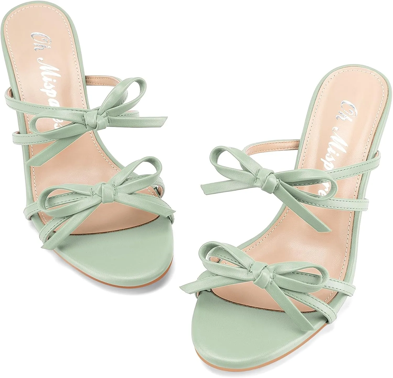 Oh Mispares Strappy Heeled Mules for Women Round Open Toe Stilettos Bows Slip on Sandals 2 Inch Elegant Heeled Slides for Wedding Party Prom