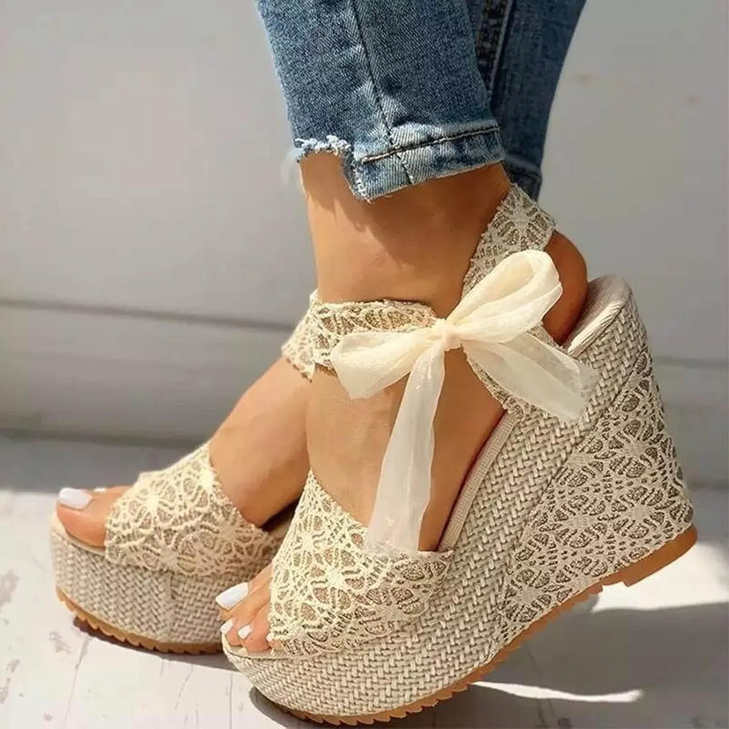 oiangi Womens Platform Sandals,Summer Ladies Strappy Sandals Slope Heel Lace Bow Casual Beach Shoes