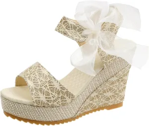 oiangi Womens Platform Sandals,Summer Ladies Strappy Sandals Slope Heel Lace Bow Casual Beach Shoes