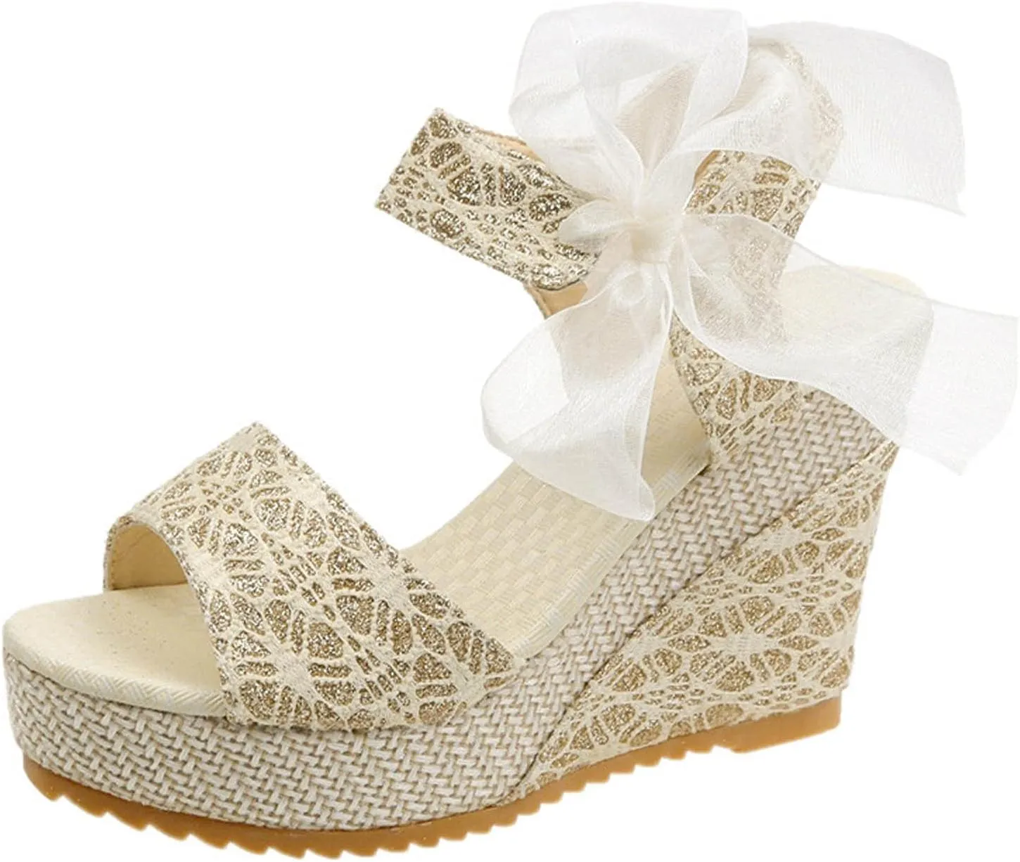 oiangi Womens Platform Sandals,Summer Ladies Strappy Sandals Slope Heel Lace Bow Casual Beach Shoes
