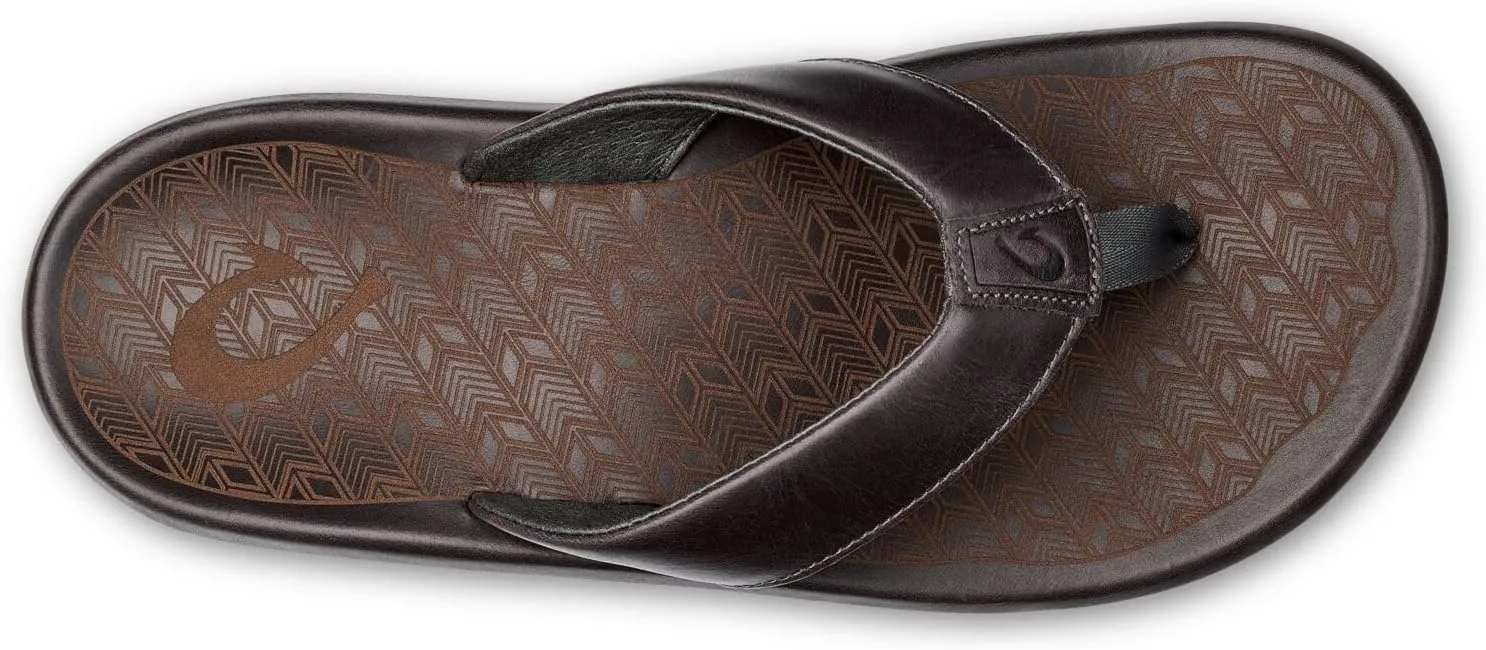 OLUKAI 'Ilikai Men's Leather Sandals, Full-Grain Leather Flip-Flop Slides, Anatomical Footbed & Cushioning, Comfort Fit & Wet Grip Rubber