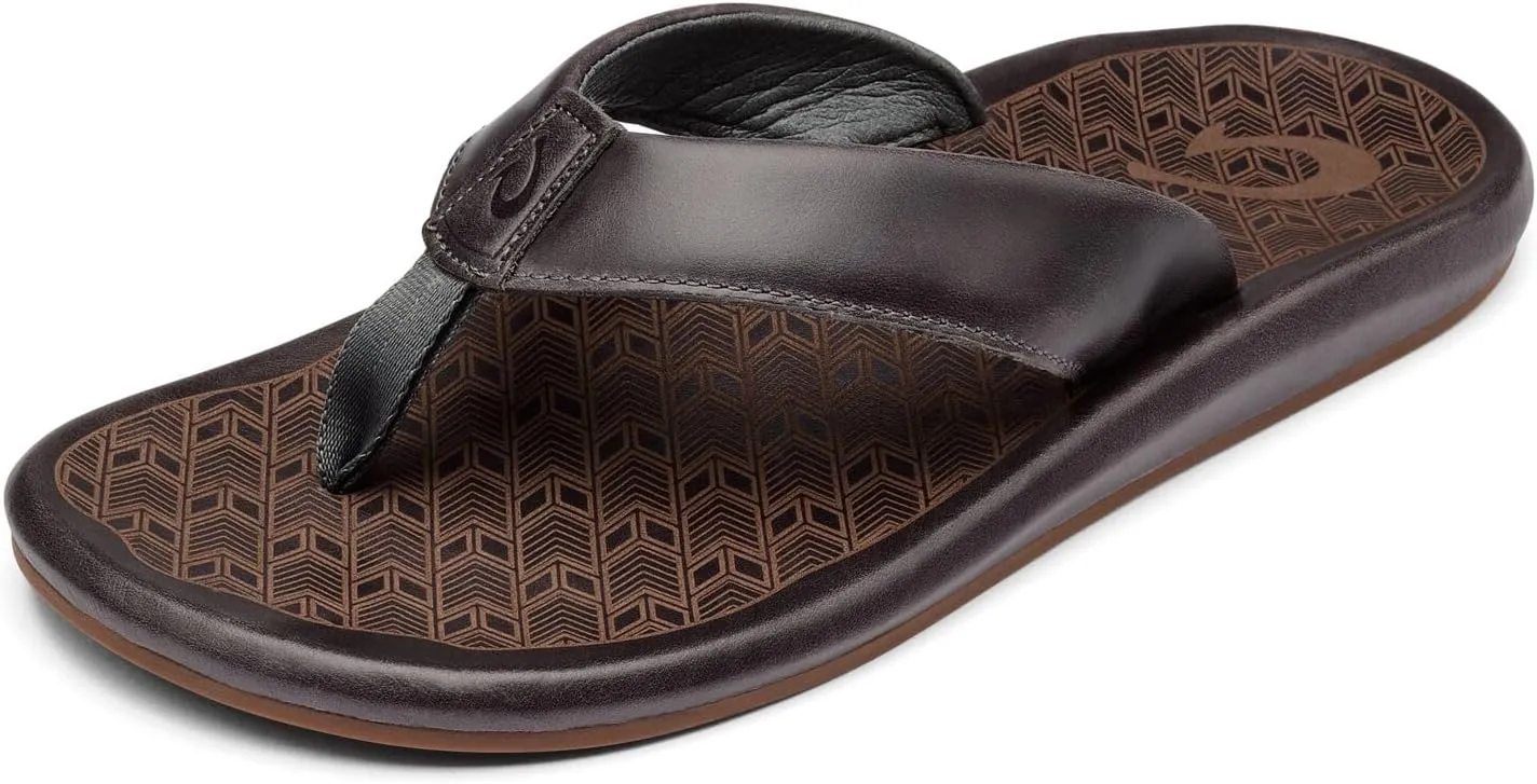 OLUKAI 'Ilikai Men's Leather Sandals, Full-Grain Leather Flip-Flop Slides, Anatomical Footbed & Cushioning, Comfort Fit & Wet Grip Rubber