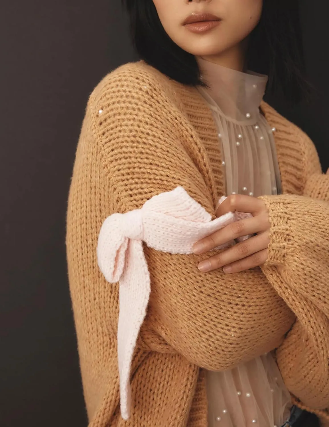 Open Front Sweaters for Women Casual Bow Tie Knit Cardigan Slouchy Chunky Long Sleeve Sweaters Outwear Coat