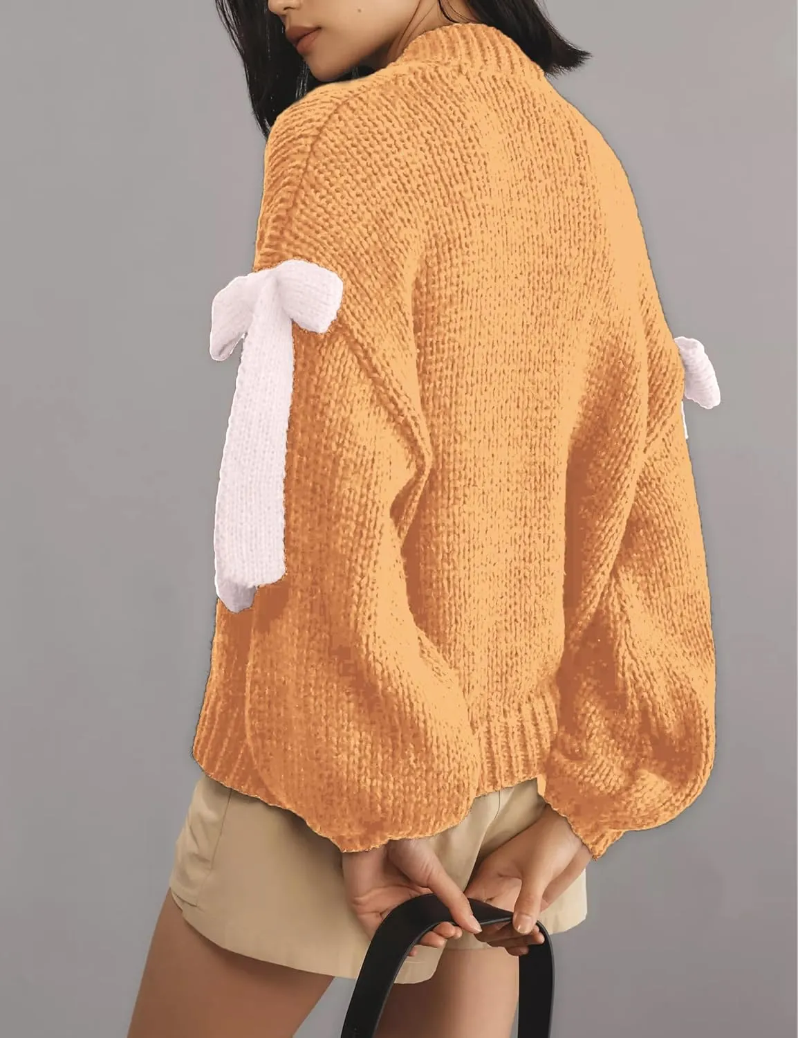 Open Front Sweaters for Women Casual Bow Tie Knit Cardigan Slouchy Chunky Long Sleeve Sweaters Outwear Coat