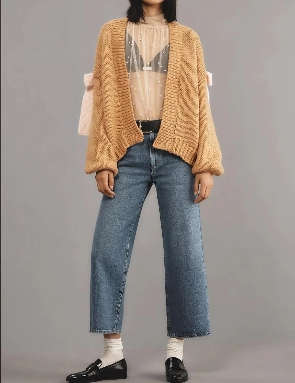 Open Front Sweaters for Women Casual Bow Tie Knit Cardigan Slouchy Chunky Long Sleeve Sweaters Outwear Coat