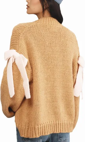 Open Front Sweaters for Women Casual Bow Tie Knit Cardigan Slouchy Chunky Long Sleeve Sweaters Outwear Coat