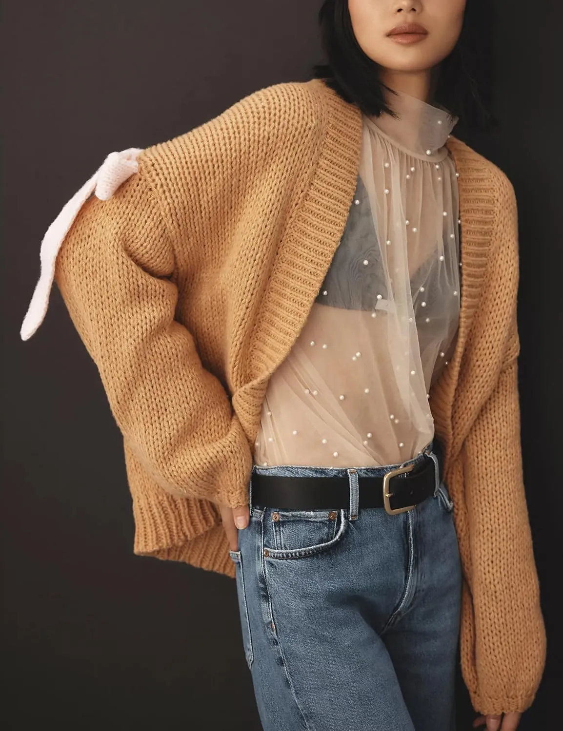 Open Front Sweaters for Women Casual Bow Tie Knit Cardigan Slouchy Chunky Long Sleeve Sweaters Outwear Coat