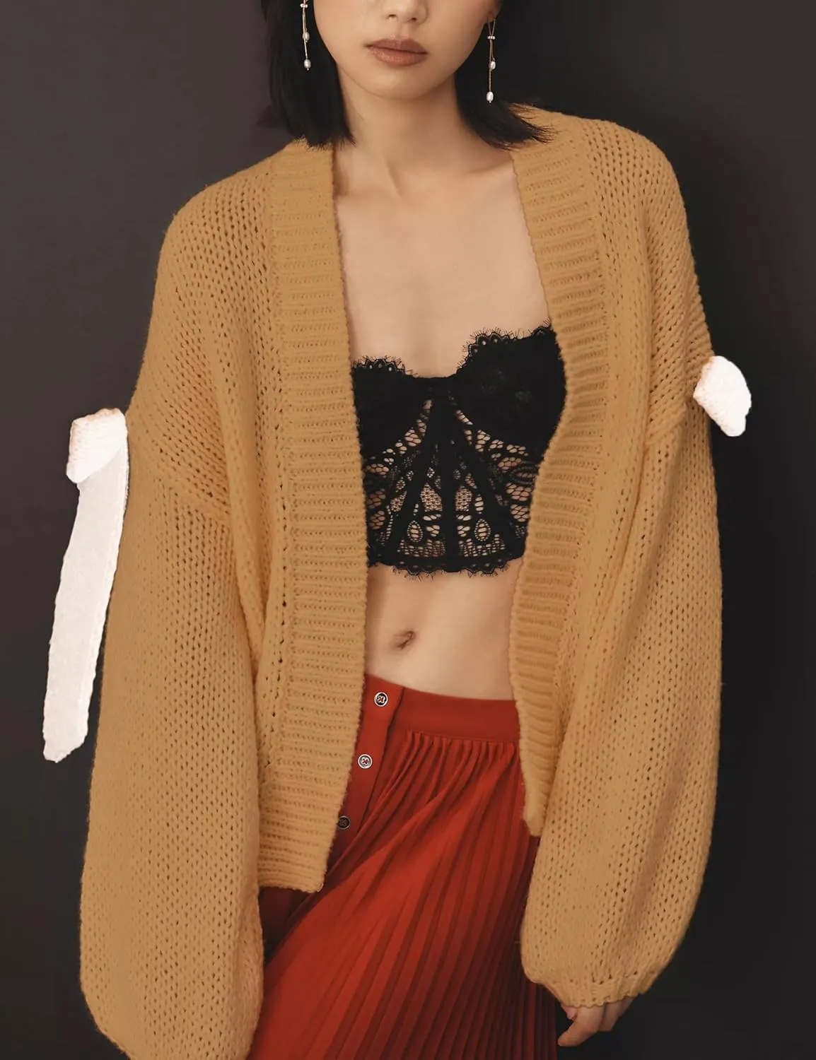 Open Front Sweaters for Women Casual Bow Tie Knit Cardigan Slouchy Chunky Long Sleeve Sweaters Outwear Coat
