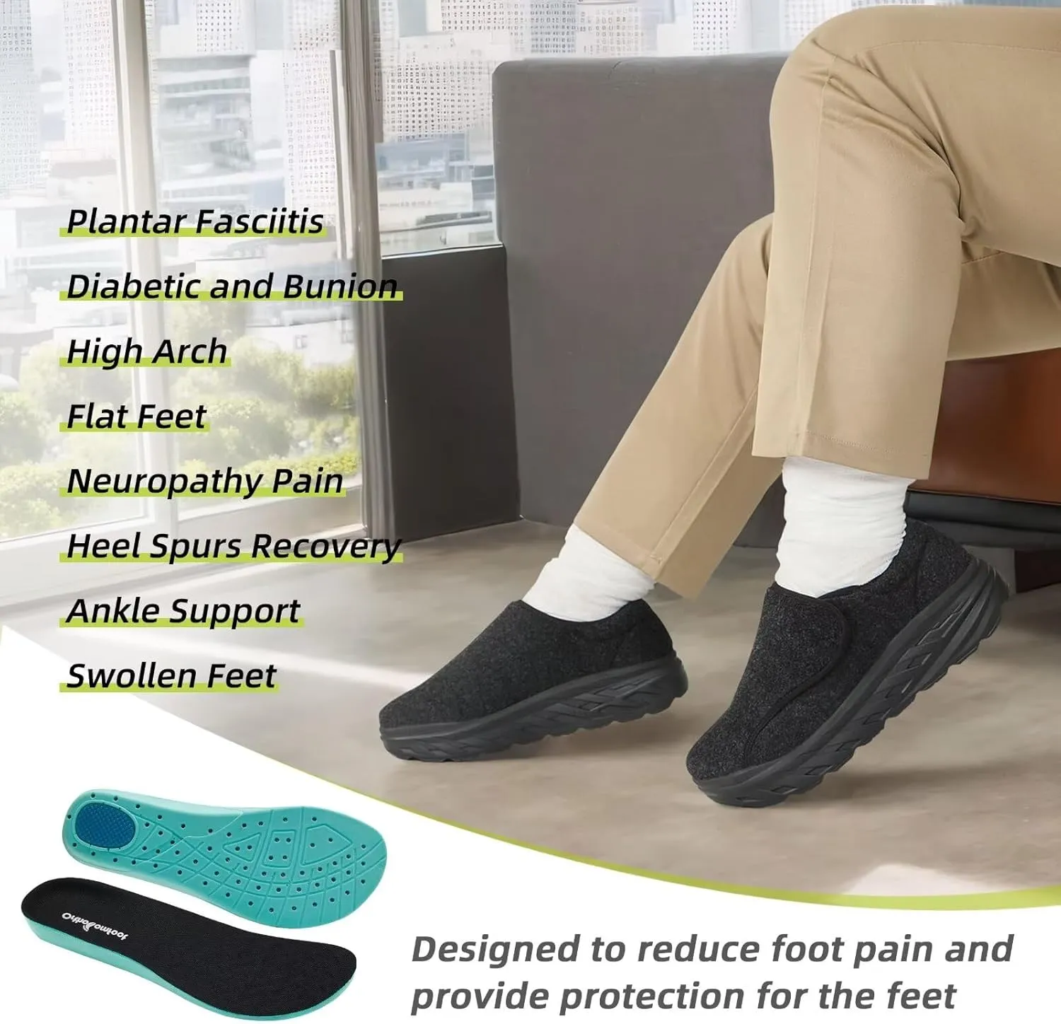 OrthoComfoot Men's Orthopedic Diabetic Wide Walking Shoes: Plantar Fasciitis Arch Support Hook and Loop Comfortable Casual Loafers, Swollen Feet Orthotic Dress Leather Shoes Foot Heel Pain Relief