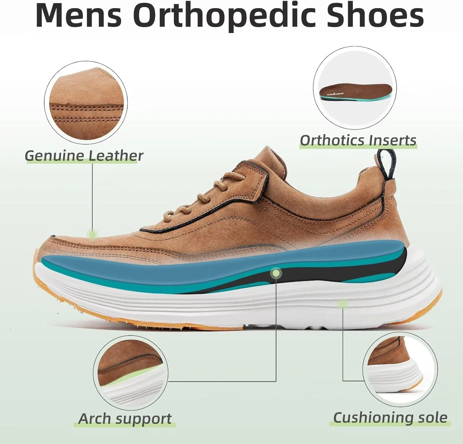 OrthoComfoot Men's Orthopedic Leather Dress Walking Shoes: Comfortable Arch Support Oxfords for Plantar Fasciitis, Casual Orthotic Thick Sole Sneakers for Foot and Heel Pain Relief
