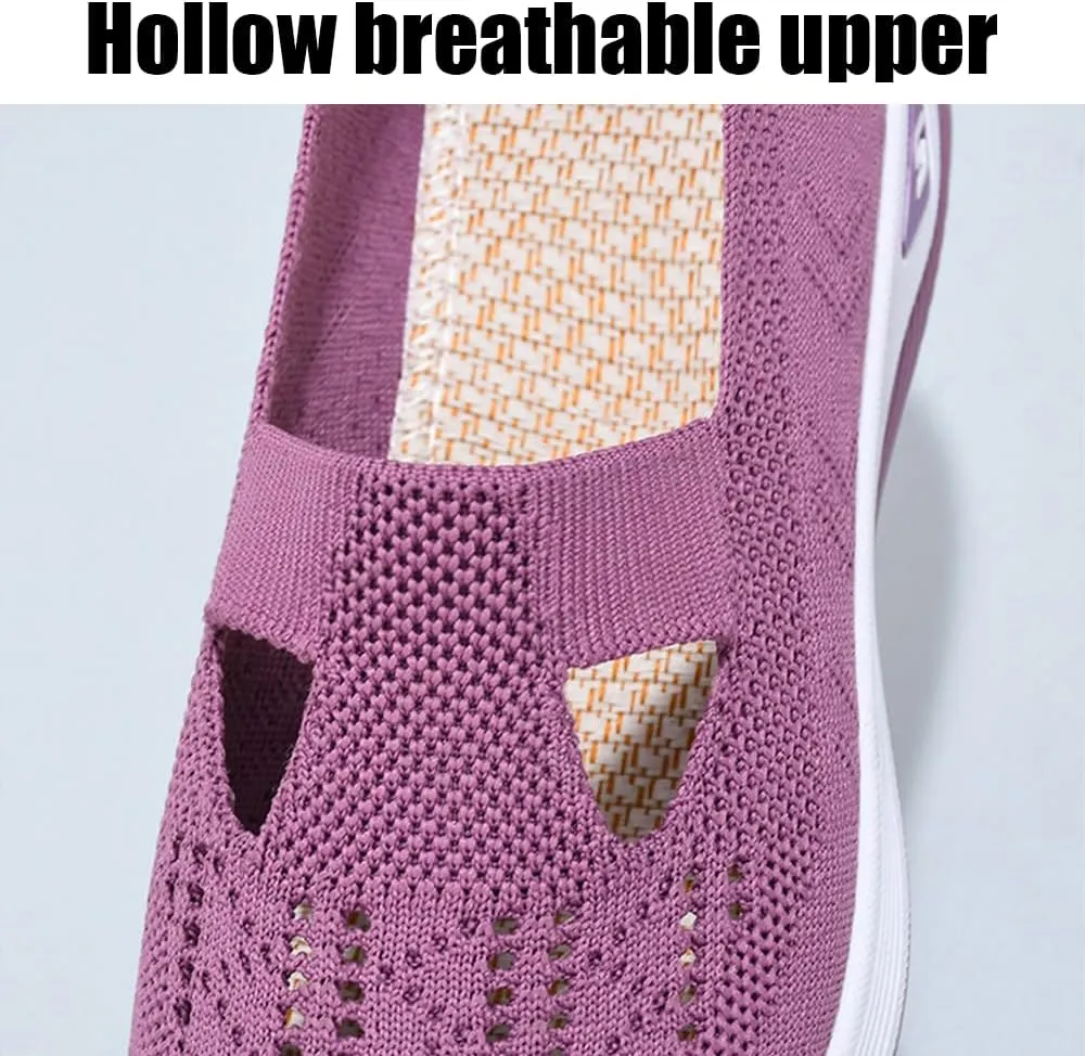 Orthowalkway Womens Shoes, Comfort Wear Orthopedic Walking Shoes for Women, Mesh Breathable Slip-On Knitted Lightweight Flat Sneakers