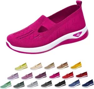 Orthowalkway Womens Shoes, Comfort Wear Orthopedic Walking Shoes for Women, Mesh Breathable Slip-On Knitted Lightweight Flat Sneakers