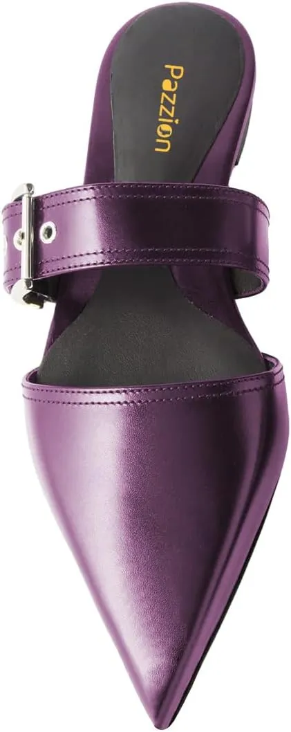 Pazzion Women Trendy Pointed Closed Toe Flats Mules with Adjustable Strap Buckles Slip On Backless Slides Slippers Comfy Leisure Dress Shoes Size 4-16 US