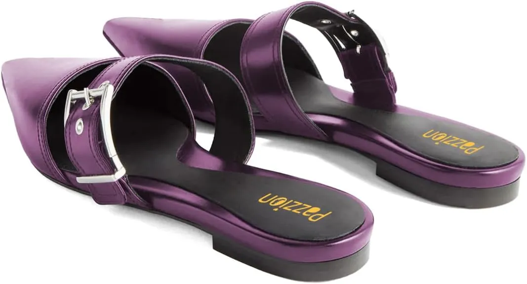 Pazzion Women Trendy Pointed Closed Toe Flats Mules with Adjustable Strap Buckles Slip On Backless Slides Slippers Comfy Leisure Dress Shoes Size 4-16 US