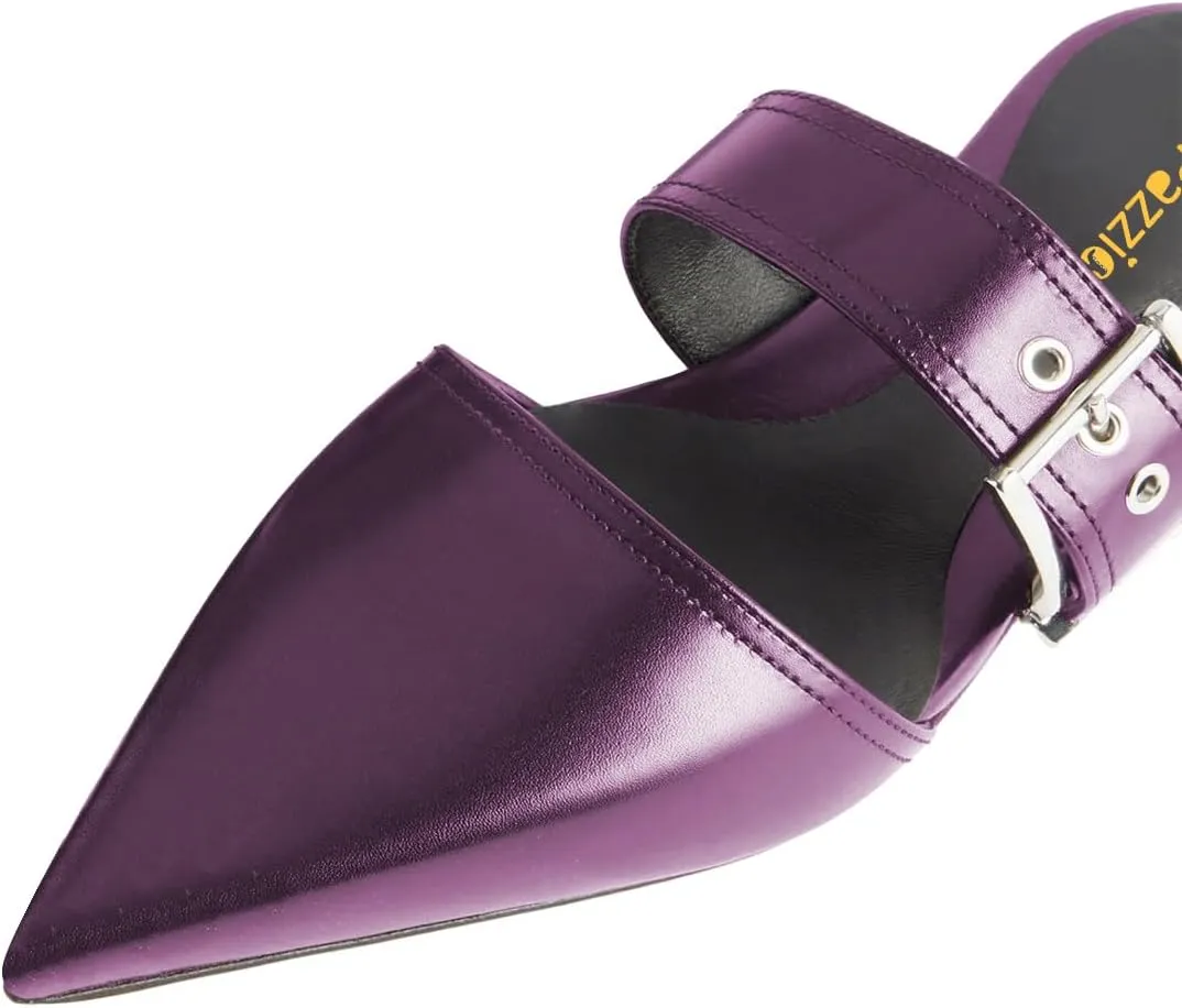 Pazzion Women Trendy Pointed Closed Toe Flats Mules with Adjustable Strap Buckles Slip On Backless Slides Slippers Comfy Leisure Dress Shoes Size 4-16 US
